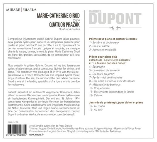 Poème - Les heures dolentes - La maison dans les dunes - Journée de Printemps - CD Audio di Gabriel Eduard Dupont - 2