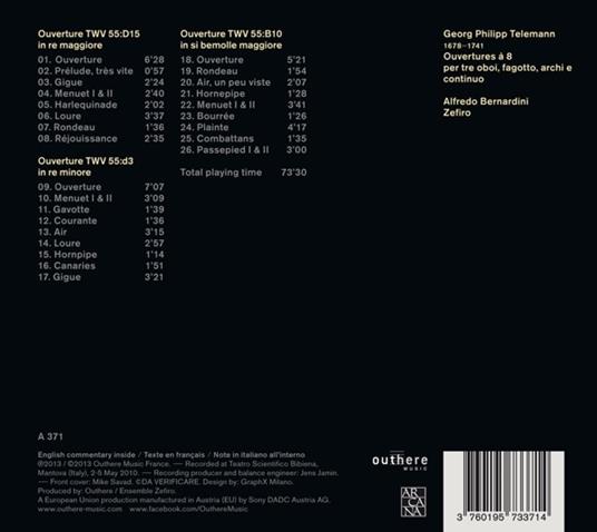 Ouvertures a 8 - CD Audio di Georg Philipp Telemann,Ensemble Zefiro,Alfredo Bernardini - 2