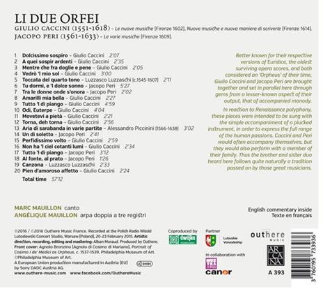 Li due Orfei - CD Audio di Iacopo Peri,Giulio Caccini,Marc Mauillon - 2