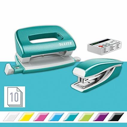 Leitz 55612051 Wow Nexxt Series Set Mini Cucitrice e Perforatore in Metallo, Acqua Marina Metallizzato