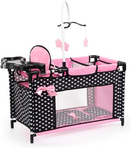 Letto Per Bambole Con Scomparto, Seggiolone Integrato, Giostrina, Nero E Rosa