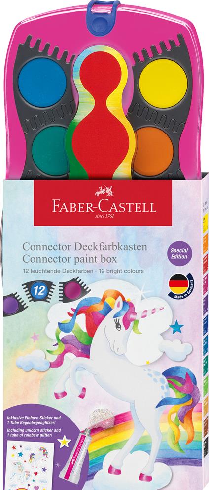 Confezione Acquerelli Connector Unicorno con 12 godets colori+ tubetto glitter  e stickers unicorno, rosa