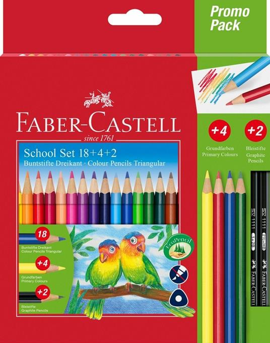 Promo Pack - 18 matite colorate triangolare + 4 matite colorate (blu, rosso,  verde, giallo) + 2 matite di grafite - Faber-Castell - Cartoleria e scuola