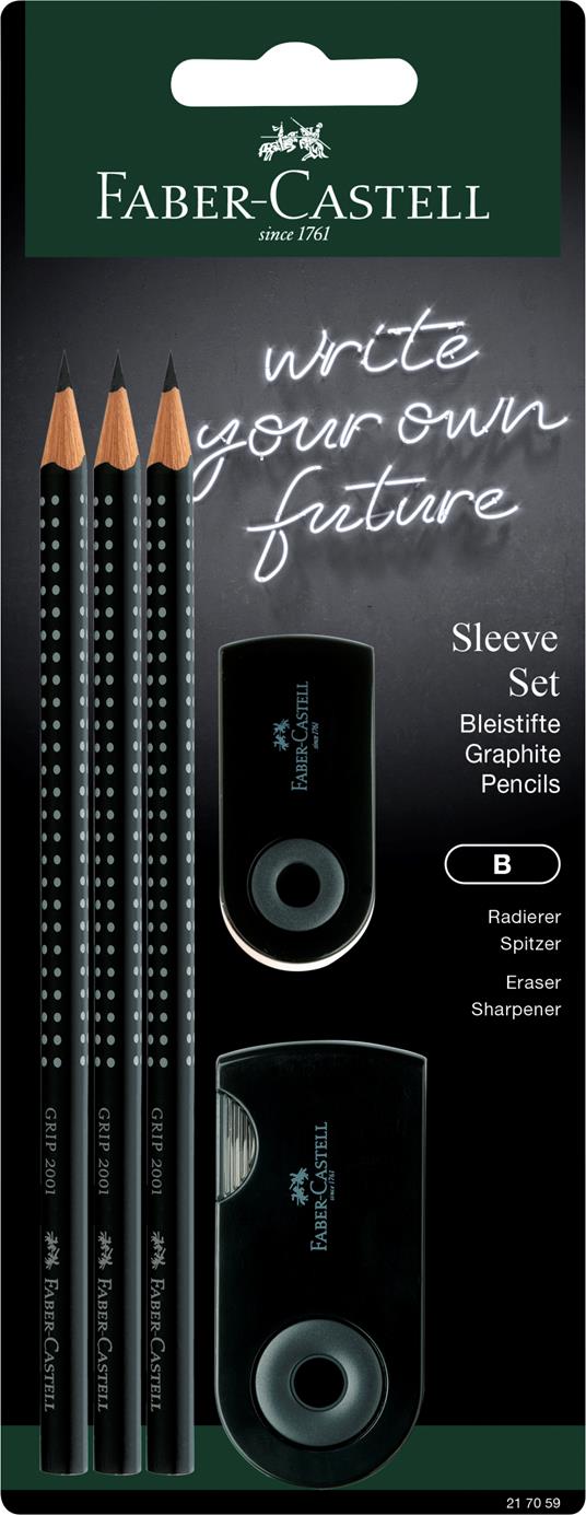 Blister 3 matite di grafite Grip 2001, 1 gomma mini Sleeve, 1 temperamatite Sleeve a due fori, nero
