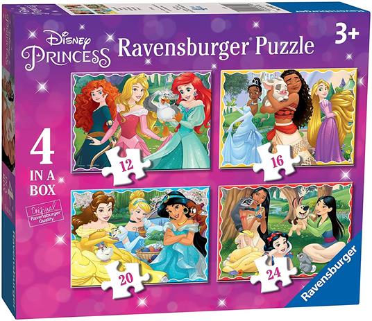 Ravensburger - Puzzle Principesse Disney, Collezione 4 in a Box, 4 puzzle da 12-16-20-24 Pezzi, Età Raccomandata 3+ Anni