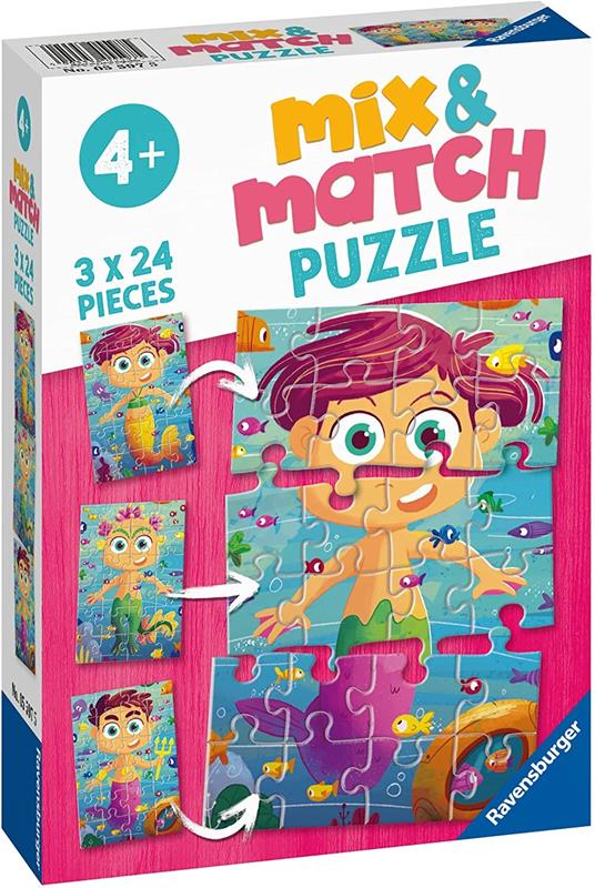 Ravensburger - Puzzle Sirenette e mostri marini, Linea Mix & Match, 3 Puzzle da 24 Pezzi, Puzzle per Bambini - 2