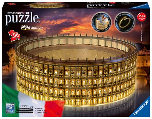 Ravensburger - 3D Puzzle Colosseo Night Edition con Luce, Roma, 216 Pezzi,  10+ Anni - Ravensburger - Serie Maxi - Puzzle 3D - Giocattoli