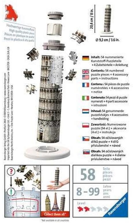 Ravensburger - 3D Puzzle Mini Torre di Pisa, 54 Pezzi, 8 Anni - 3
