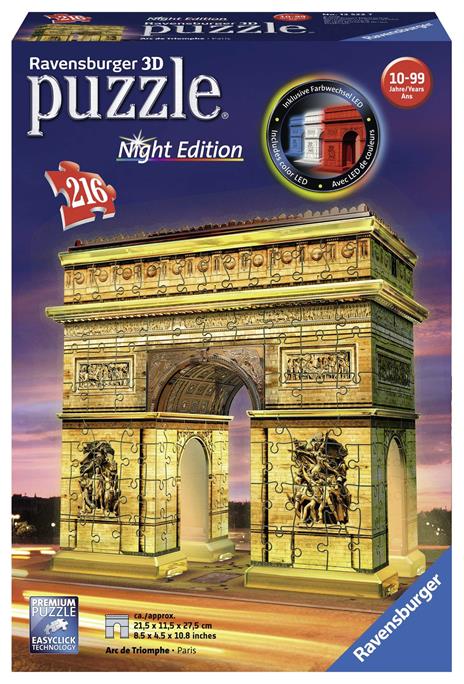 Ravensburger - 3D Puzzle Arco di Trionfo Night Edition con Luce, Parigi, 216 Pezzi, 8+ Anni