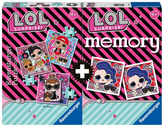 Ravensburger - Multipack L.O.L., Memory 48 Carte + 3 PuzzleBambino da 25/36/49 pezzi, 4+ Anni