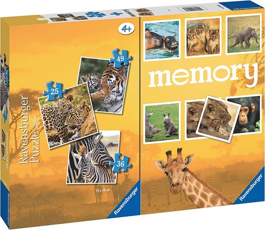 Ravensburger - Savana, Memory 48 Carte + 3 Puzzle Bambino da 25/36/49 pezzi, 4+ AnniBambino da 25/36/49 pezzi, 4+ Anni - 2