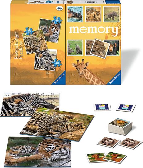 Ravensburger - Savana, Memory 48 Carte + 3 Puzzle Bambino da 25/36/49 pezzi, 4+ AnniBambino da 25/36/49 pezzi, 4+ Anni - 3