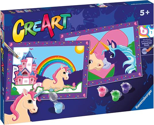 Ravensburer - CreArt Serie Junior, Unicorni, Kit dipingere con i Numeri, contiene 2 tavole prestampate, Pennello, Colori - 2