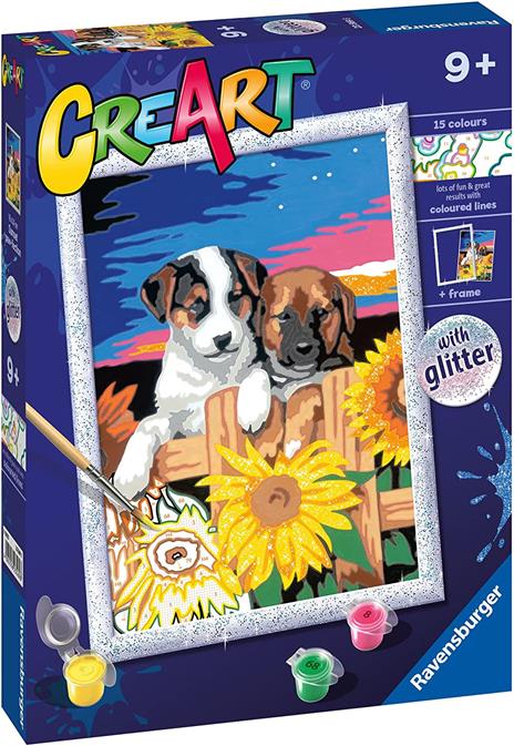 Ravensburger - CreArt Serie D: Cagnolini girasoli, Kit Dipingere i Numeri, Contiene una Tavola Prestampata, Pennello - 2