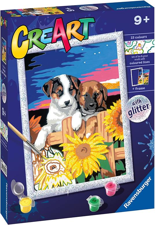 Ravensburger - CreArt Serie D: Cagnolini girasoli, Kit Dipingere i Numeri, Contiene una Tavola Prestampata, Pennello - 2