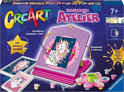 Ravensburger - CreArt Atelier, Set con Cavalletto Tema Unicorni, Dipingere con i Numeri, Gioco Creativo Bambini 7+ Anni