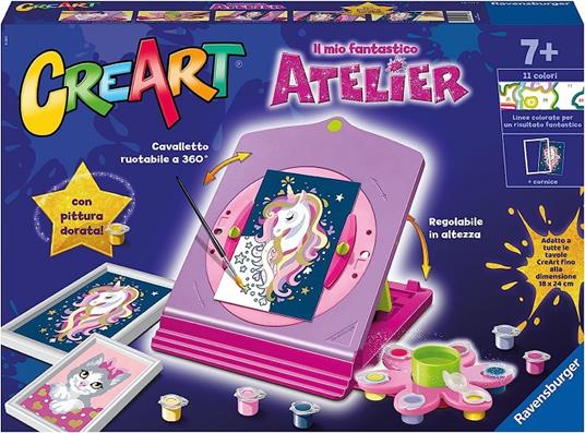 Ravensburger - CreArt Atelier, Set con Cavalletto Tema Unicorni, Dipingere con i Numeri, Gioco Creativo Bambini 7+ Anni