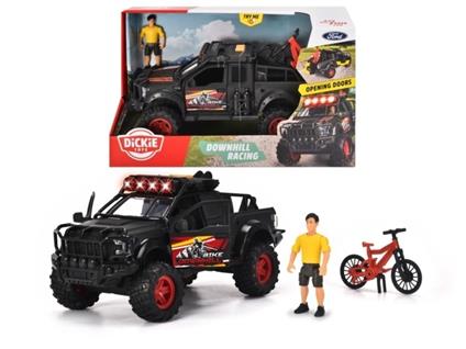 Downhill Racing con Ford Raptor in scala 1:24 con portabici, parti apribili, luci e suoni, personaggio e e-bike