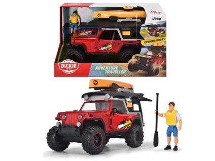 Adventure Traveller con Jeepster Commando in scala 1:24 con tetto da campeggio, parti apribili, luci e suoni, canoa, remo, personaggio
