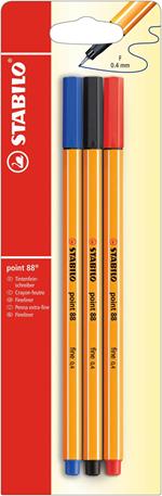 Fineliner - STABILO point 88 - Pack da 3 - Nero/Blu/Rosso