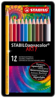 Matita colorata acquarellabile - STABILOaquacolor - Scatola in Metallo da 12 - Colori assortiti