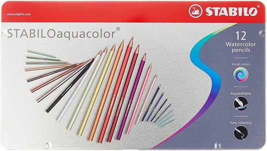 Matita colorata acquarellabile - STABILOaquacolor - Scatola in Metallo da 12 - Colori assortiti - 48