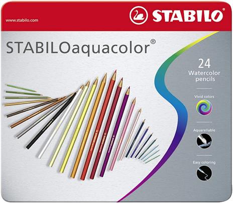 Matita colorata acquarellabile - STABILOaquacolor - Scatola in Metallo da 24 - Colori assortiti - 30