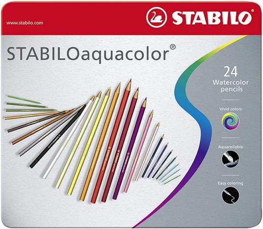 Matita colorata acquarellabile - STABILOaquacolor - Scatola in Metallo da 24 - Colori assortiti - 92