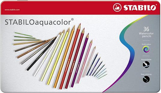 Matita colorata acquarellabile - STABILOaquacolor - Scatola in Metallo da 36 - Colori assortiti - 37
