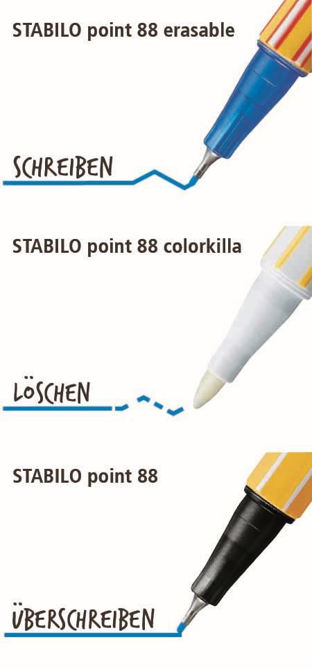 Fineliner - STABILO point 88 - Astuccio da 10 - con 2 point88 colorkilla e 2 point 88 cancellabile - 11