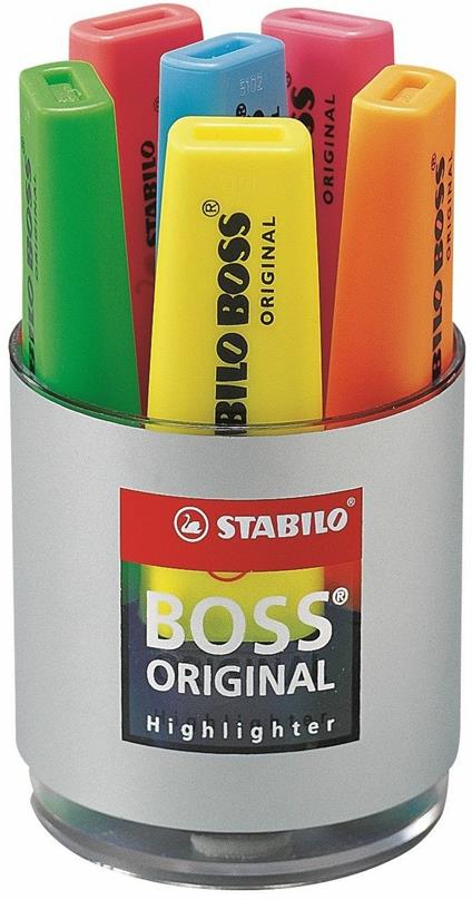 Evidenziatore - STABILO BOSS ORIGINAL - Box Bicchiere da 6 - Giallo/Verde/Arancio/Rosso/Rosa/Blu