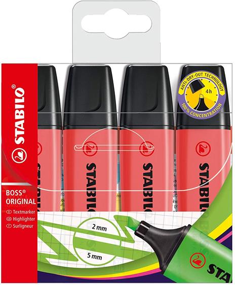 Evidenziatore - STABILO BOSS ORIGINAL - Astuccio da 4 - Colori assortiti - 3
