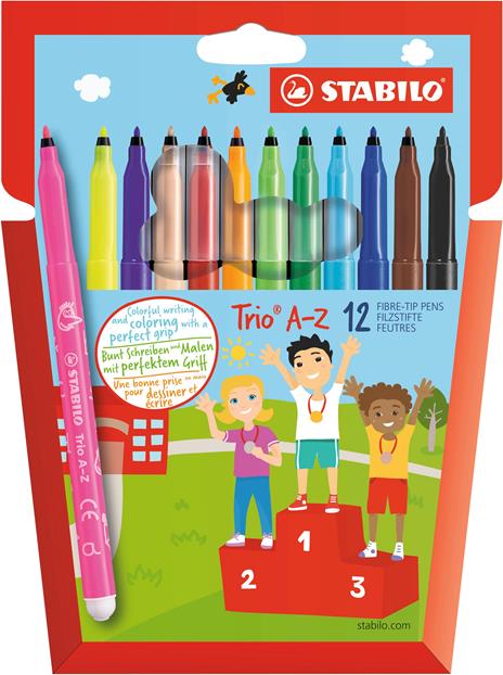 Pennarello a punta fine e fusto triangolare - STABILO Trio A-Z - Astuccio da 12 - Colori assortiti