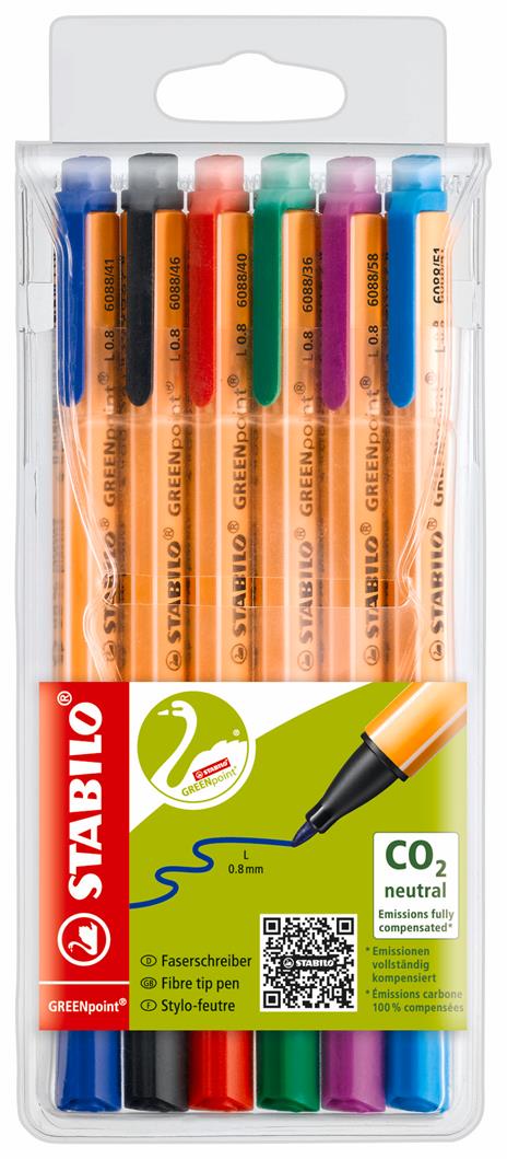 Penna Ecosostenibile con punta in fibra - STABILO GREENpoint - CO2 neutral - Astuccio da 6 - Colori assortiti - 5