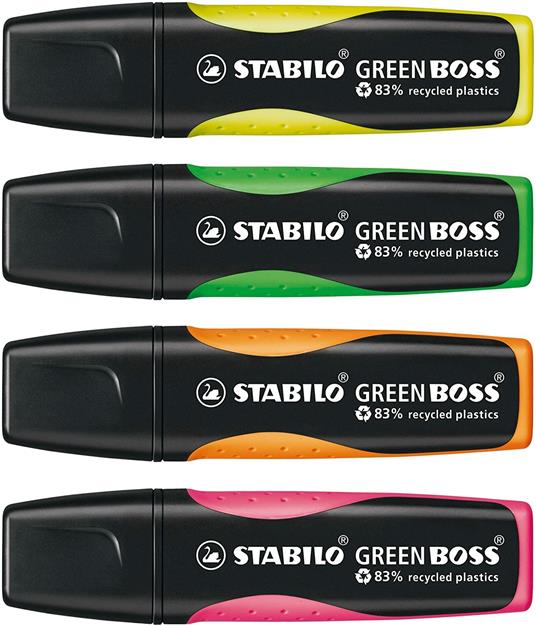 Evidenziatore Ecosostenibile - STABILO GREEN BOSS - 83% Plastica Riciclata - Desk Set da 4 - Colori assortiti - 3