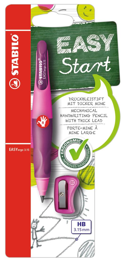 Matita a scatto Ergonomica - STABILO EASYergo 3.15 in Rosa/Lilla per Destrimani - con mina 3.15 mm gradazione HB e temperino