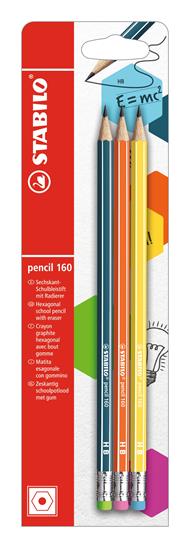 Matita in grafite - STABILO Pencil 160 - con gommino - Pack da 3 - Petrolio/Arancio/Giallo - Gradazione HB