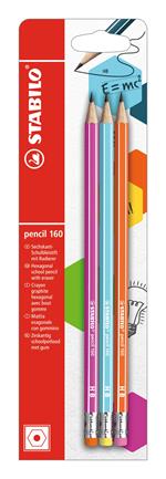 Matita in grafite - STABILO Pencil 160 - con gommino - Pack da 3 - Rosa/Arancio/Blu - Gradazione HB