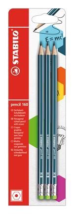 Matita in grafite - STABILO Pencil 160 - con gommino - Pack da 3 - Petrolio - Gradazione HB