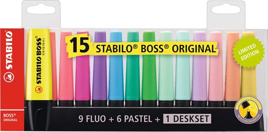 Evidenziatore - STABILO BOSS ORIGINAL Desk-Set - 15 Colori assortiti 9 Neon + 6 Pastel - 2