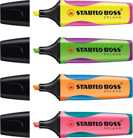 Evidenziatore - STABILO BOSS SPLASH - Astuccio da 4 - Arancione, Verde, Giallo, Rosa - 3