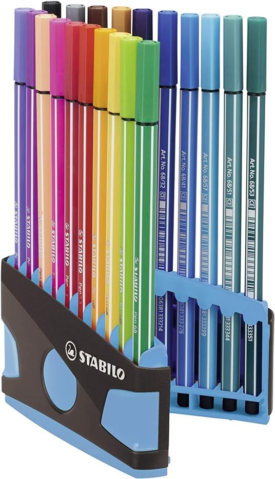 Pennarello Premium - STABILO Pen 68 Colorparade - Astuccio Desk-Set da 20 antracite/azzurro - 20 colori assortiti - 2