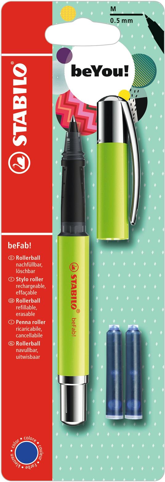 Penna Roller - STABILO beFab! Uni Colors in Kiwi - 3 Cartucce Blu incluse - 6