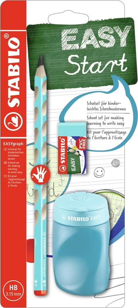 School Set - STABILO EASYgraph in Blu per Destrimani - con Gomma + Temperino - 6