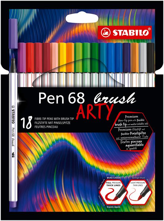 Pennarello Premium con punta a pennello - STABILO Pen 68 brush - ARTY - Astuccio da 18 - Colori assortiti
