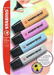 Cartoleria Evidenziatore - STABILO BOSS ORIGINAL Pastel - Pack da 4 - Arancione Papaya, Fucsia Freddo, Azzurro Cielo, Grigio Polvere STABILO