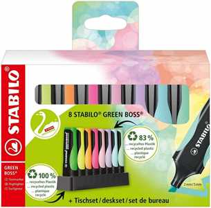 Cartoleria Evidenziatore Ecosostenibile - STABILO GREEN BOSS Pastel Desk-Set - 8 Colori assortiti 4 Neon + 4 Pastel STABILO
