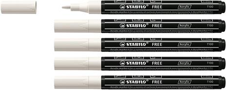 Marker acrilico - STABILO FREE Acrylic - T100 Punta rotonda 1-2mm - Confezione da 5 - Bianco