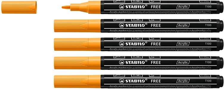 Cartoleria Marker acrilico - STABILO FREE Acrylic - T100 Punta rotonda 1-2mm - Confezione da 5 - Arancione STABILO