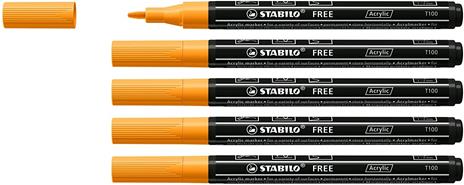 Marker acrilico - STABILO FREE Acrylic - T100 Punta rotonda 1-2mm - Confezione da 5 - Arancione